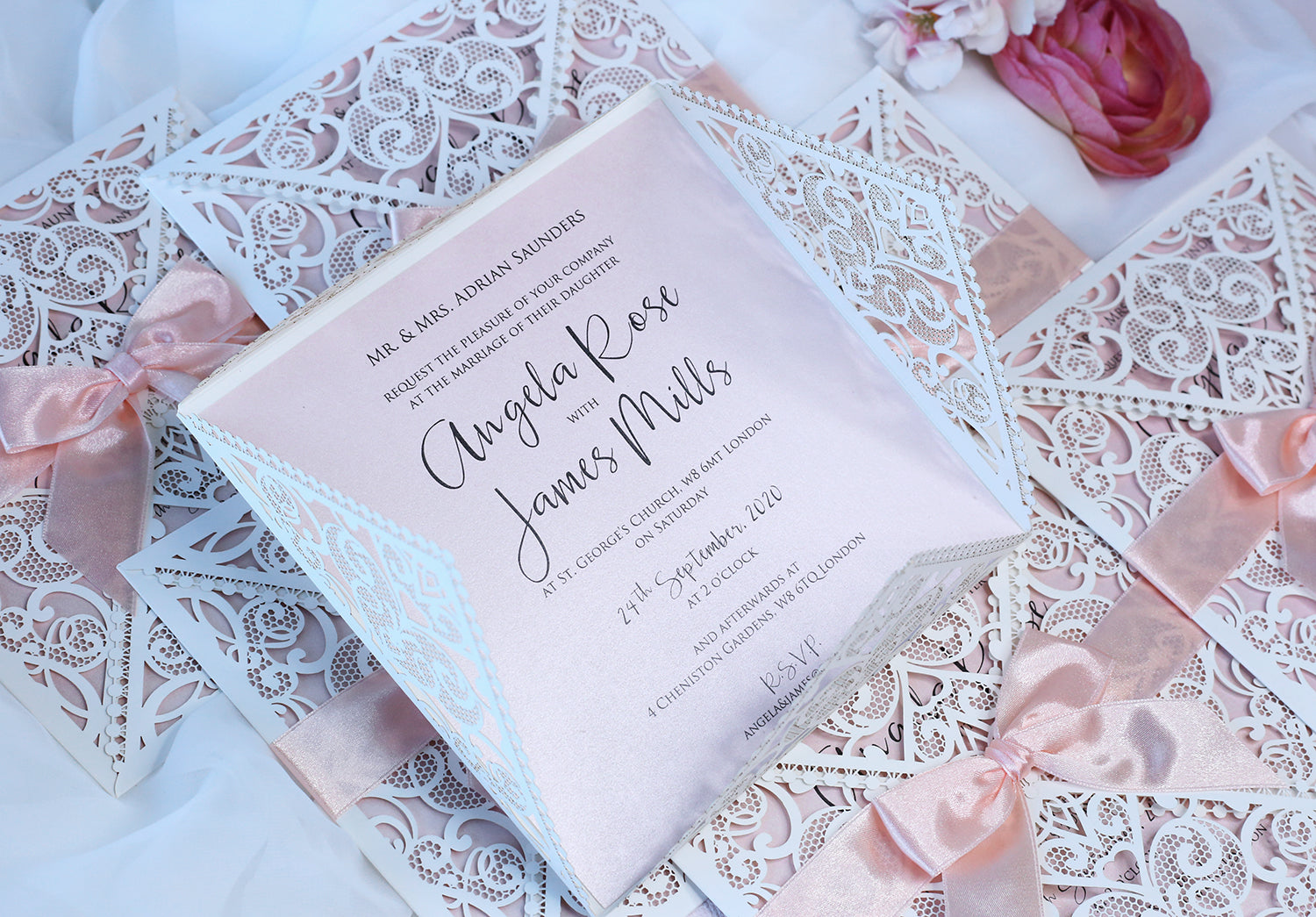 DIY Invitations Wedding Invitation Cards Laser Cut with Cream Lace + Envelope Elegant Pink Satin Ribbon Wedding Invitations Birthday