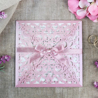 Lace Misty Rose Square Elegant Wedding Invitations with Ribbon