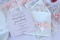 DIY Invitations Wedding Invitation Cards Laser Cut with Cream Lace + Envelope Elegant Pink Satin Ribbon Wedding Invitations Birthday