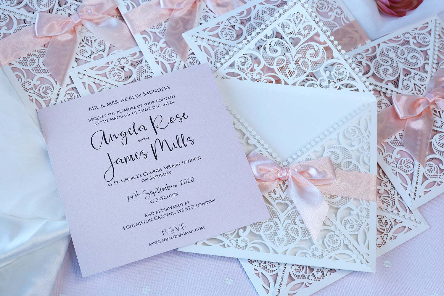 DIY Invitations Wedding Invitation Cards Laser Cut with Cream Lace + Envelope Elegant Pink Satin Ribbon Wedding Invitations Birthday