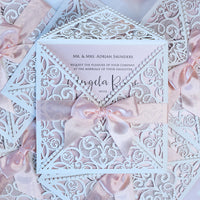 DIY Invitations Wedding Invitation Cards Laser Cut with Cream Lace + Envelope Elegant Pink Satin Ribbon Wedding Invitations Birthday