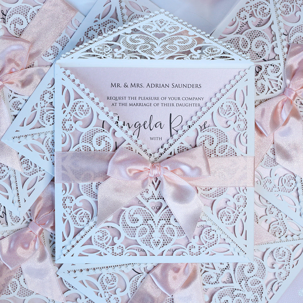 DIY Invitations Wedding Invitation Cards Laser Cut with Cream Lace + Envelope Elegant Pink Satin Ribbon Wedding Invitations Birthday
