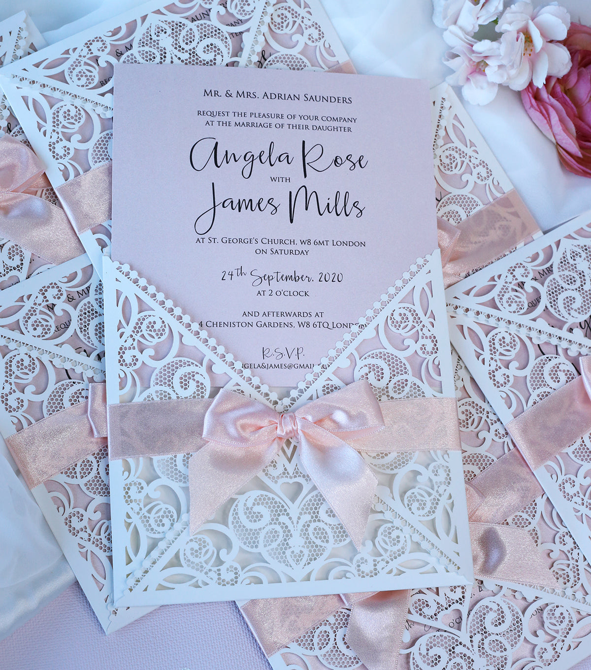 DIY Invitations Wedding Invitation Cards Laser Cut with Cream Lace + Envelope Elegant Pink Satin Ribbon Wedding Invitations Birthday