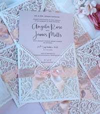 DIY Invitations Wedding Invitation Cards Laser Cut with Cream Lace + Envelope Elegant Pink Satin Ribbon Wedding Invitations Birthday