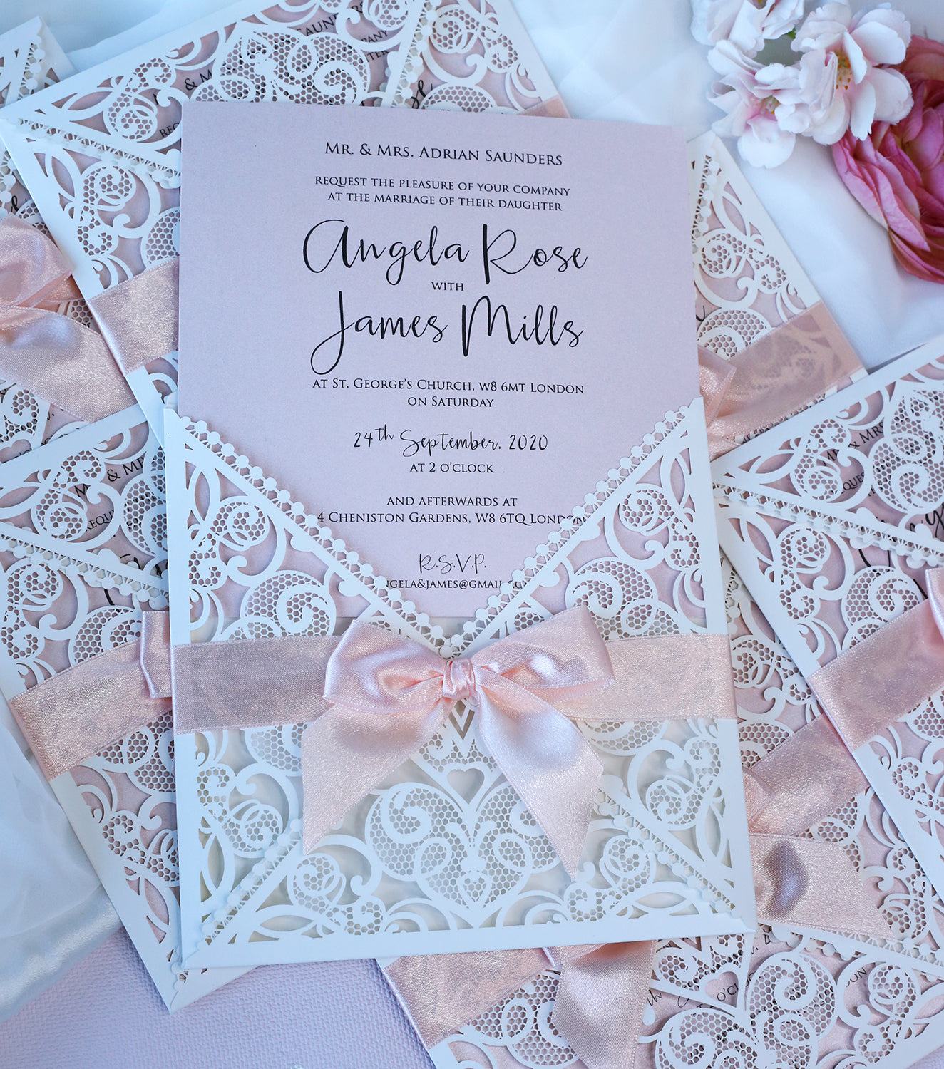 DIY Invitations Wedding Invitation Cards Laser Cut with Cream Lace + Envelope Elegant Pink Satin Ribbon Wedding Invitations Birthday