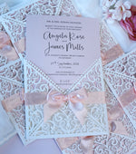 DIY Invitations Wedding Invitation Cards Laser Cut with Cream Lace + Envelope Elegant Pink Satin Ribbon Wedding Invitations Birthday